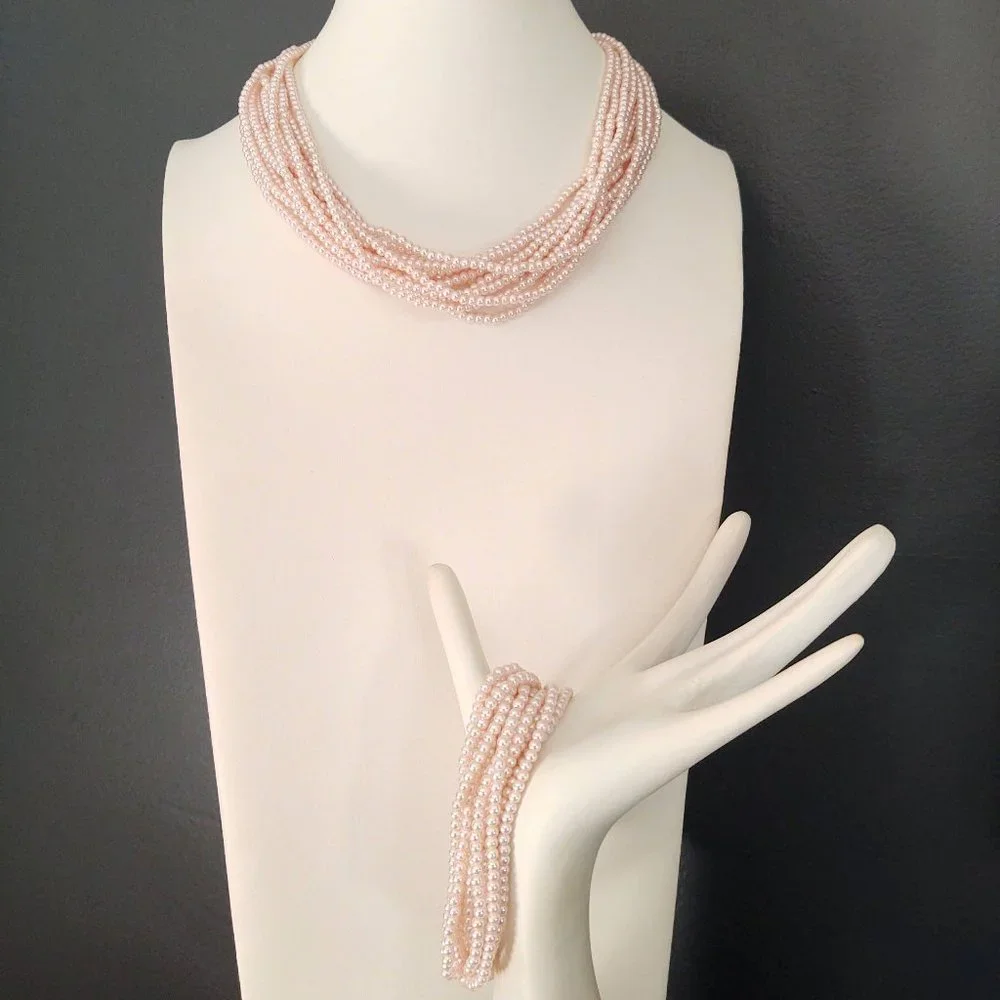 Vintage multi strand pink beaded necklace and bracelet set